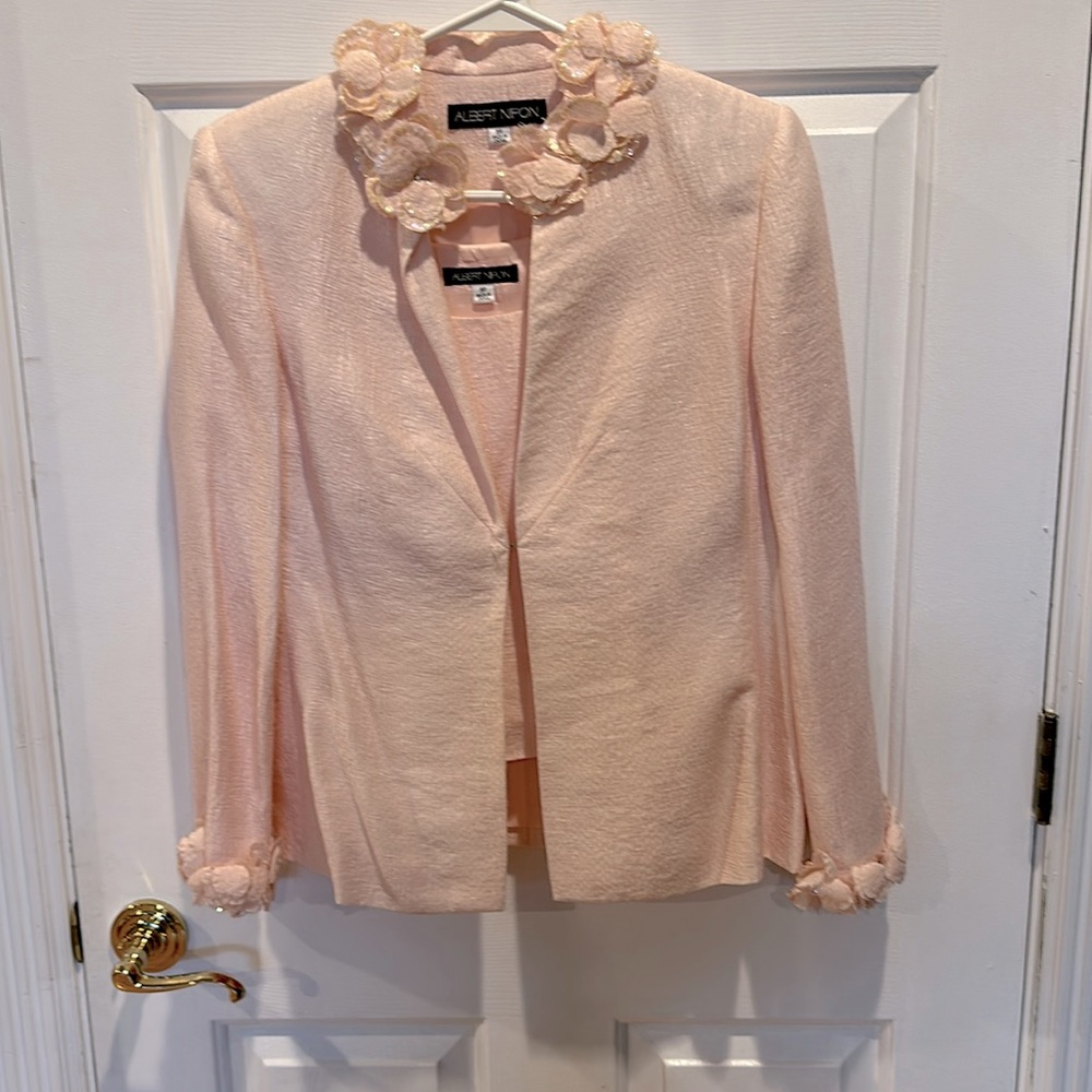 Albert Nippon 3 piece pink fully lined evening suit/skirt  with flower trim